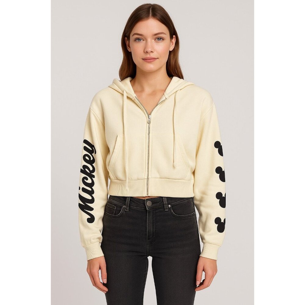 Disney Mickey Mouse Cream Zip-Up Hoodie XS – Retro Graphic Sweatshirt